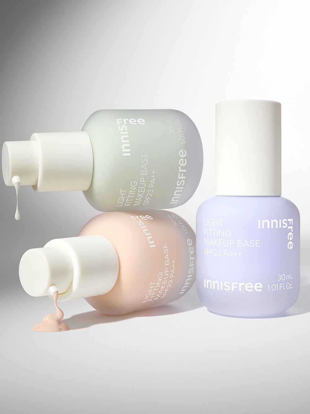 Innisfree Light Fitting Makeup Base, 30ml, Purple. This is a lightweight, purple-coloured makeup primer with SPF 23 PA++ sun protection. It creates a smooth canvas for makeup application and helps even skin tone.