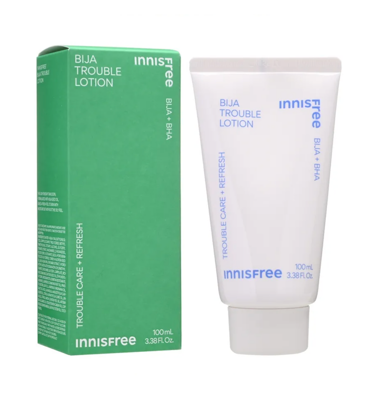 Innisfree Bija Trouble Lotion 100ml tube next to its green packaging box on a white background.