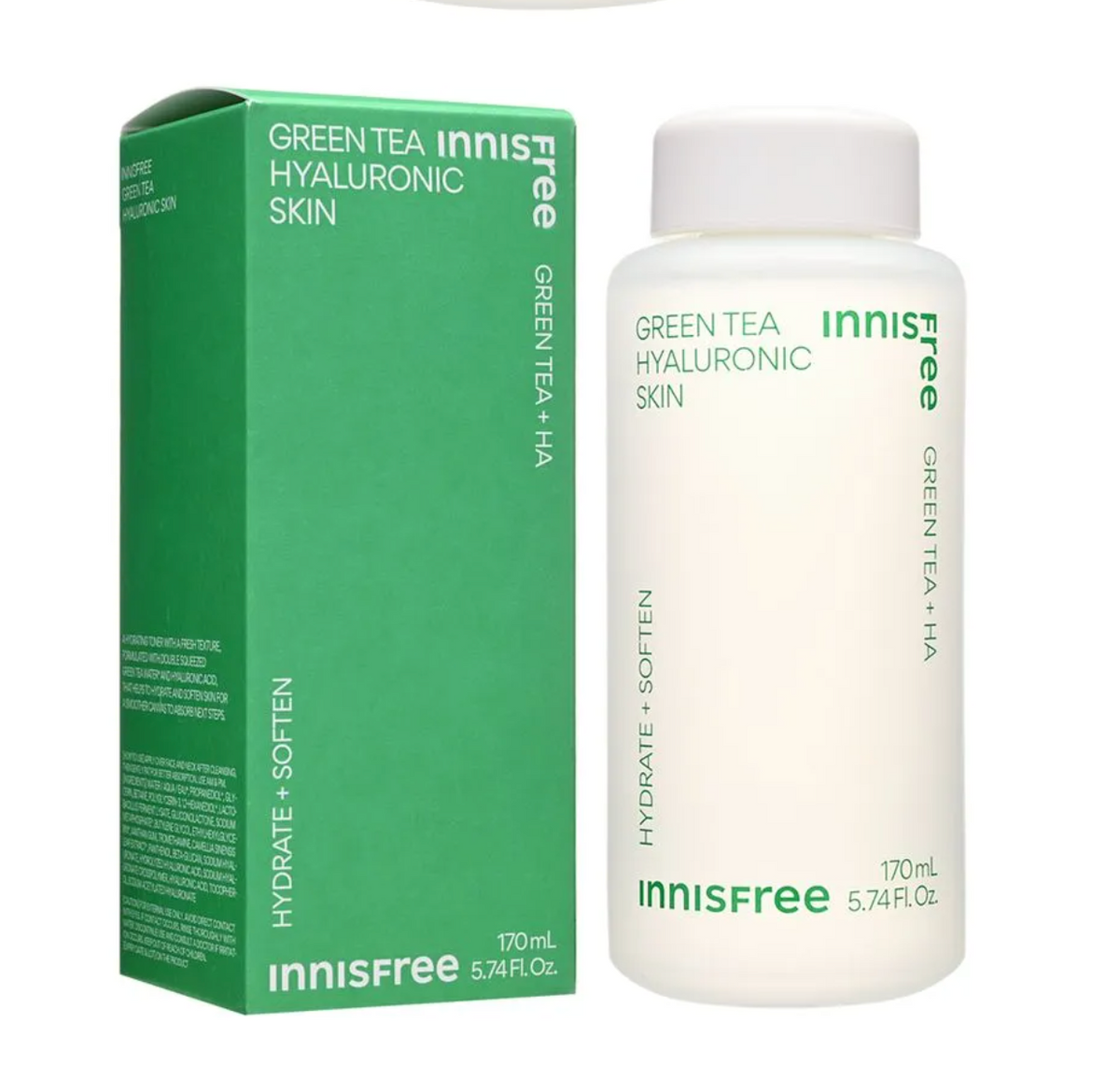 Innisfree Green Tea Hyaluronic Skin set, featuring a green outer box and a white 170mL bottle with green text, on a clean white background.