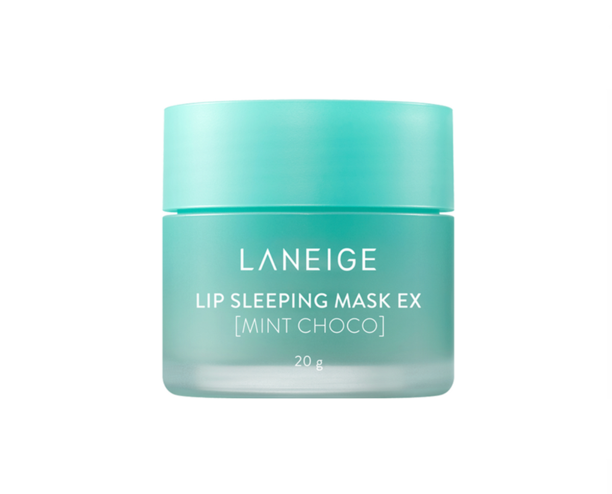 LANEIGE Lip Sleeping Mask EX in Mint Choco, shown in a frosted mint green jar with a matching lid against a solid white background.