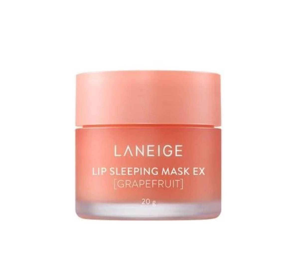 LANEIGE Lip Sleeping Mask EX (Grapefruit) in a 20g jar, featuring a peachy-pink color with a matching lid on a white background.