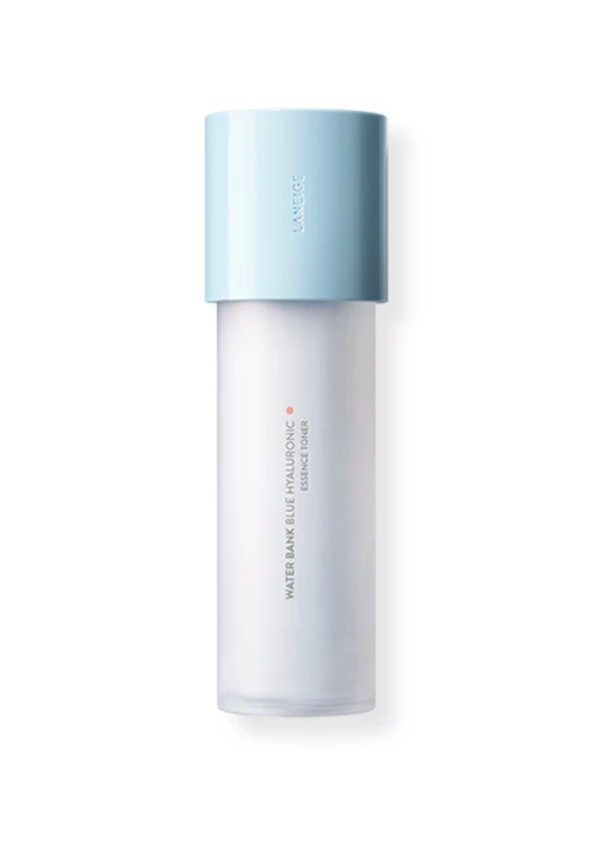 LANEIGE Water Bank Blue Hyaluronic Essence Toner in a frosted white cylindrical bottle with a light blue cap, shown on a clean white background.