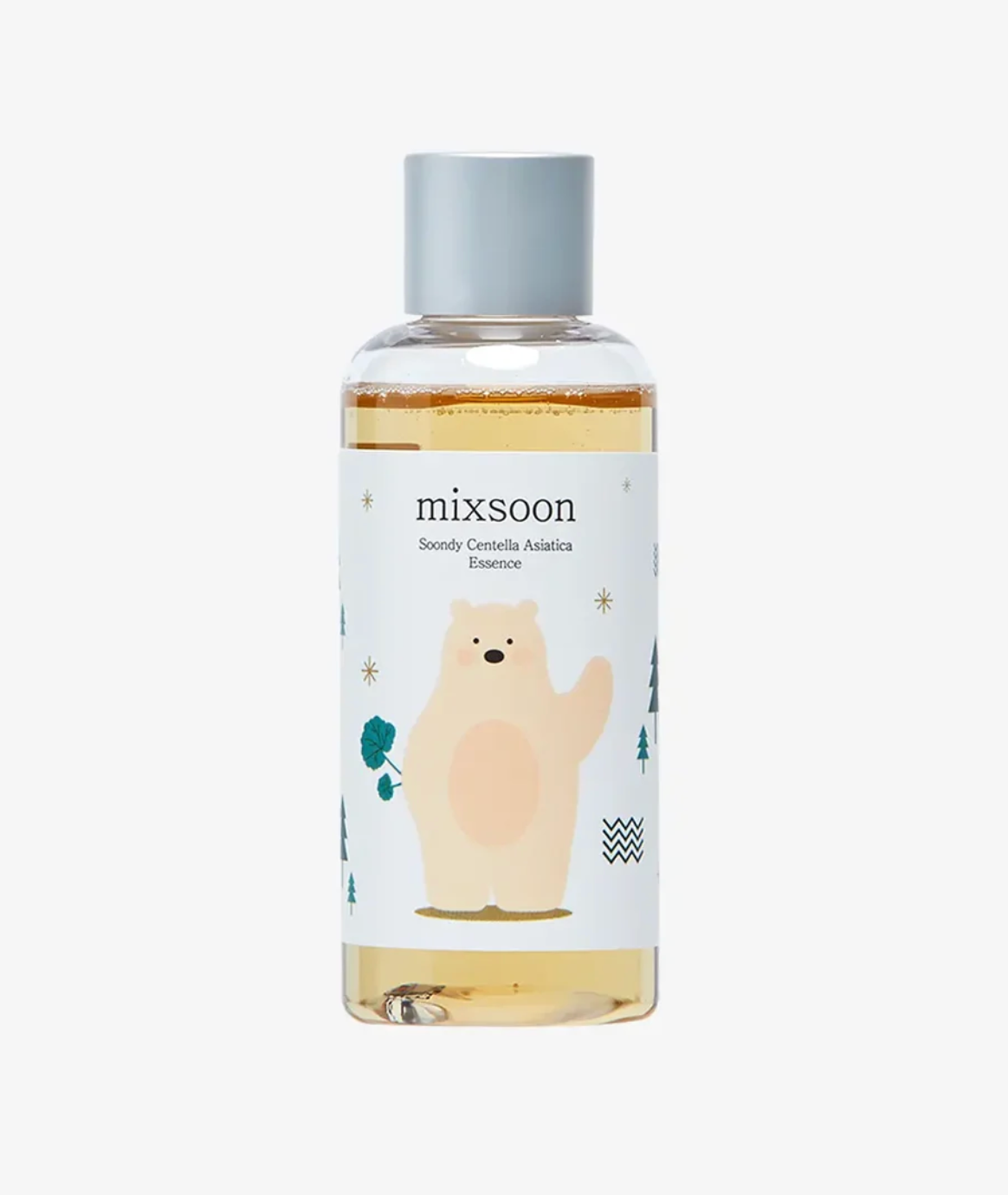 A clear bottle of MIXSOON Centella Asiatica Essence with a light gray cap and a white label featuring a cute cartoon polar bear illustration.
