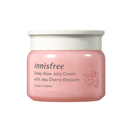 Innisfree Dewy Glow Jelly Cream with Jeju cherry blossom, a 50ml jar of jelly cream for dewy and radiant skin, formulated with Jeju cherry blossom extract.