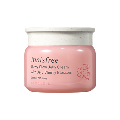 Innisfree Dewy Glow Jelly Cream with Jeju cherry blossom, a 50ml jar of jelly cream for dewy and radiant skin, formulated with Jeju cherry blossom extract.