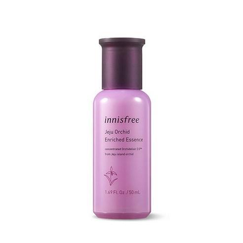 A bottle of Innisfree Jeju Orchid Enriched Essence, an anti-aging facial essence for a healthy glow and improved firmness.