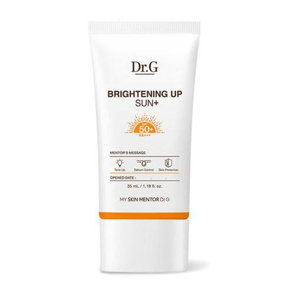 Dr.G Brightening Up Sun, a 50ml tube of SPF 50+ PA+++ sunscreen with a peach undertone for brightening and evening skin tone.