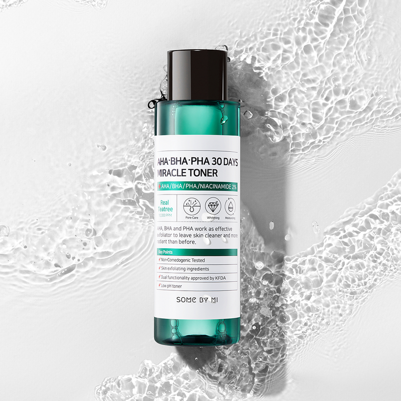 150ml bottle of Some By Mi AHA BHA PHA 30 Days Miracle Toner. This Korean skincare toner contains AHA, BHA, and PHA acids to gently exfoliate dead skin cells, improve skin texture, and address concerns like acne and enlarged pores.