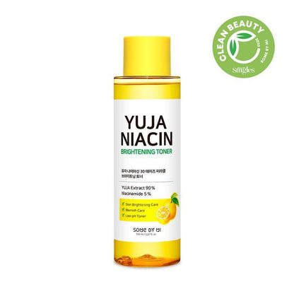 150ml bottle of Yuja Niacin Miracle Brightening Toner by Some By Mi, a vitamin C-rich toner for brightening and hydrating skin.