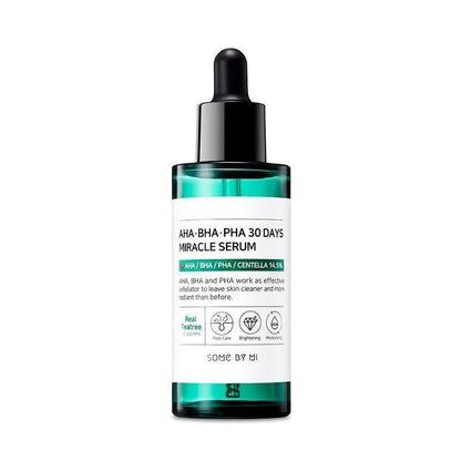 Some By Mi AHA BHA PHA 30 Days Miracle Serum, 50ml bottle. This exfoliating facial serum with tea tree and centella asiatica aims to improve skin clarity and texture in 30 days.