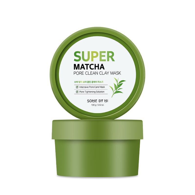  A green tub containing SOME BY MI's Super Matcha Pore Clean Clay Mask. This facial mask is formulated with matcha to deeply cleanse pores, remove impurities, and control sebum production.