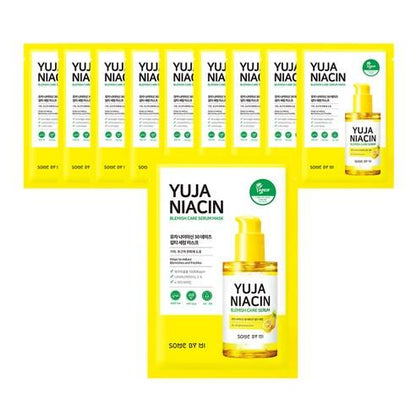 Box of 10 vegan sheet face masks infused with Yuja extract and Niacinamide for brightening and blemish care.