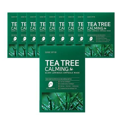 SomeByMi Tea Tree Calming Ampoule Mask, 10 pack. This is a facial mask containing tea tree extract to soothe and calm the skin.