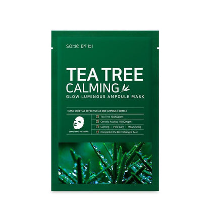 SomeByMi Tea Tree Calming Ampoule Mask, 10 pack. This is a facial mask containing tea tree extract to soothe and calm the skin.