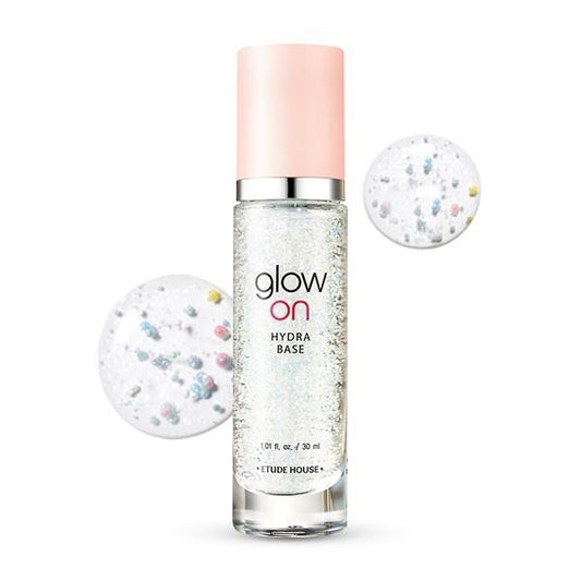 A 30ml bottle of EtudeHouse Glow On Base Hydra, a pink, liquid makeup primer for a radiant finish.