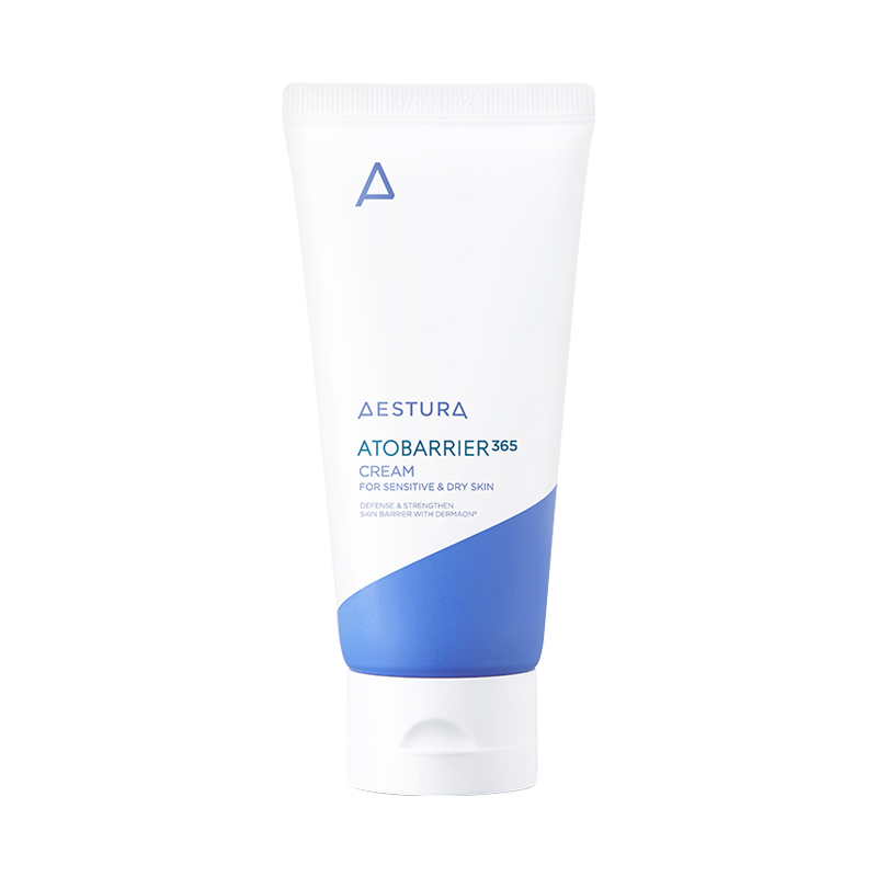 A white tube of Aestura Atobarrier 365 Cream, a lightweight, deeply moisturizing facial cream formulated to strengthen the skin's moisture barrier and prevent dryness. This 80ml tube contains visible encapsulated beads for long-lasting hydration.