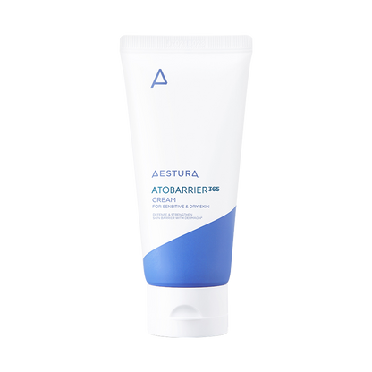 A white tube of Aestura Atobarrier 365 Cream, a lightweight, deeply moisturizing facial cream formulated to strengthen the skin's moisture barrier and prevent dryness. This 80ml tube contains visible encapsulated beads for long-lasting hydration.