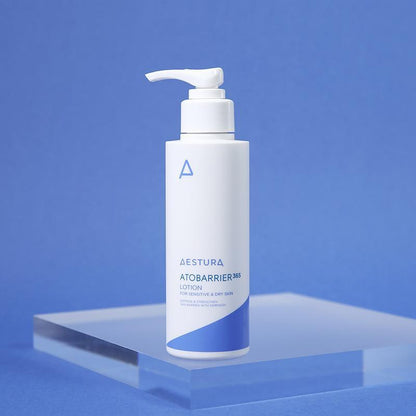 150ml bottle of Aestura Atobarrier 365 Lotion, a ceramide-rich moisturizer suitable for sensitive skin on a blue background