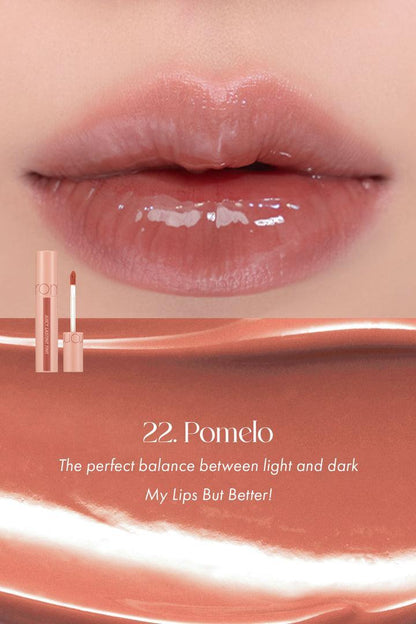 Romand Juicy Lasting Tint in Bare Juicy shade, a 5.5g long-lasting lip tint with a clear, syrupy finish for a glossy, juicy look.