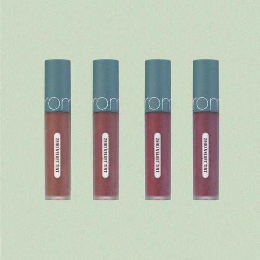 Romand Zero Velvet Tint Vintage Filter Series, a 5.5g liquid lip tint with a velvety finish for a vintage-inspired look.