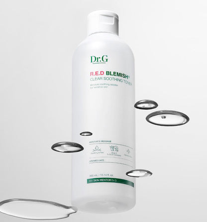 Dr.G Red Blemish Clear Soothing Toner, 300ml bottle. This Korean skincare toner calms irritated skin and helps with acne treatment.