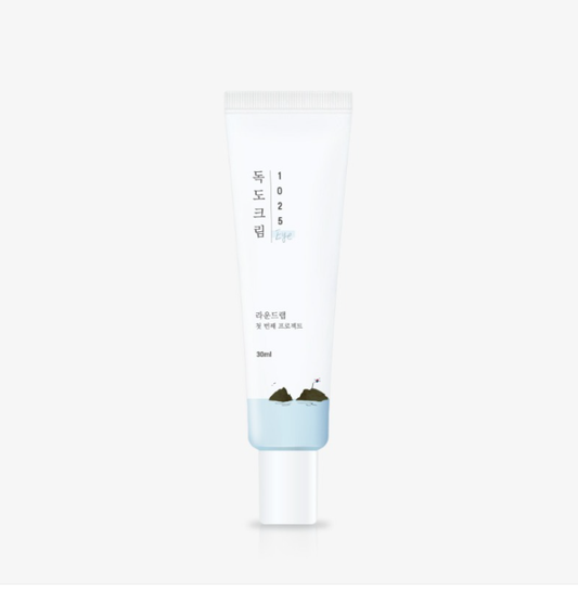 ROUNDLAB 1025 Dokdo Eye Cream, 30ml tube. Moisturizing and brightening eye cream for reducing wrinkles and improving under-eye area.