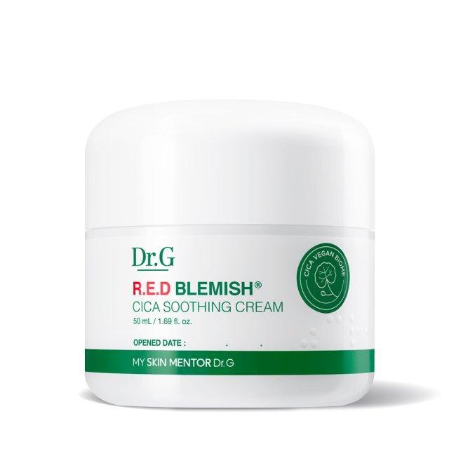 50ml tub of Dr.G Red Blemish Cica Soothing Cream, a hydrating facial moisturizer for reducing redness and irritation.