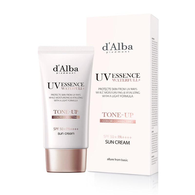 d'Alba Waterfull Tone-Up Sunscreen, a lightweight, SPF 50+ sunscreen that brightens skin with a natural pink glow. 50ml bottle.