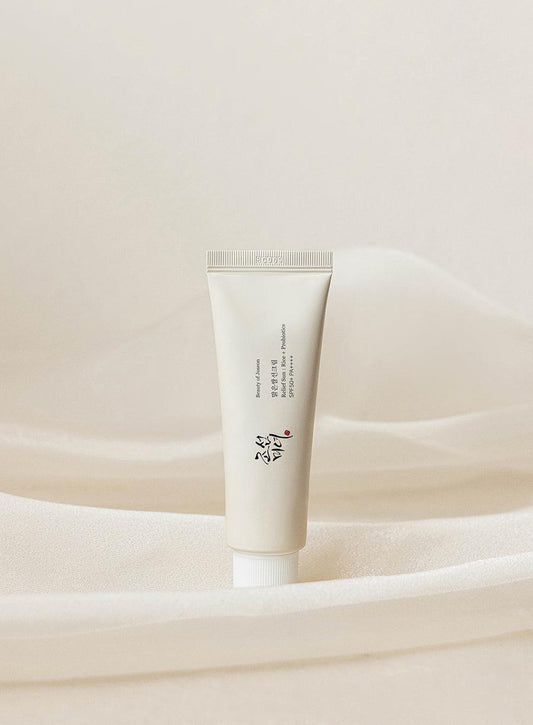 White 50ml tube of lightweight, Korean sunscreen with SPF 50+ protection and rice extract for sensitive skin