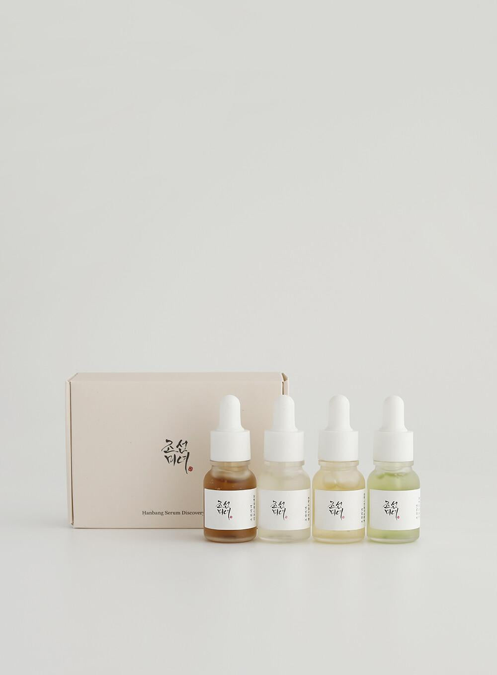 Beauty of Joseon Hanbang Serum Discovery Kit, featuring four 10ml travel-sized serums for calming, brightening, anti-acne, and rejuvenation with packaging box