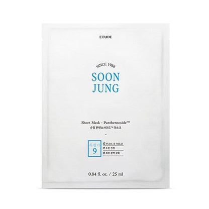 A box containing 10 facial sheet masks from Etude House's SoonJung Panthensoside line. The masks are designed to hydrate and soothe stressed skin.