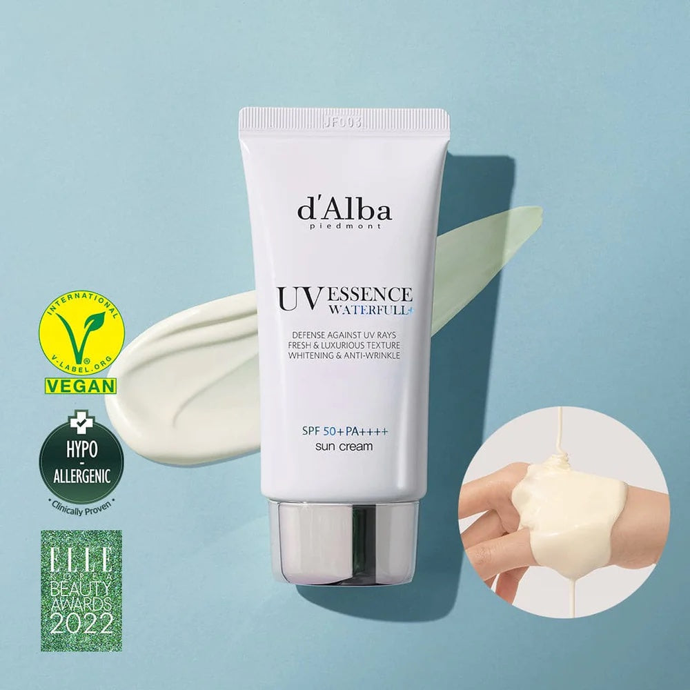 d'Alba Waterful Essence Sunscreen tube, 50ml. SPF 50+ PA++++ for broad spectrum sun protection.