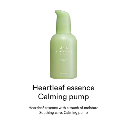 A green bottle on a white background of an Abib Heartleaf essence calming pump, with Houttuynia cordata extract