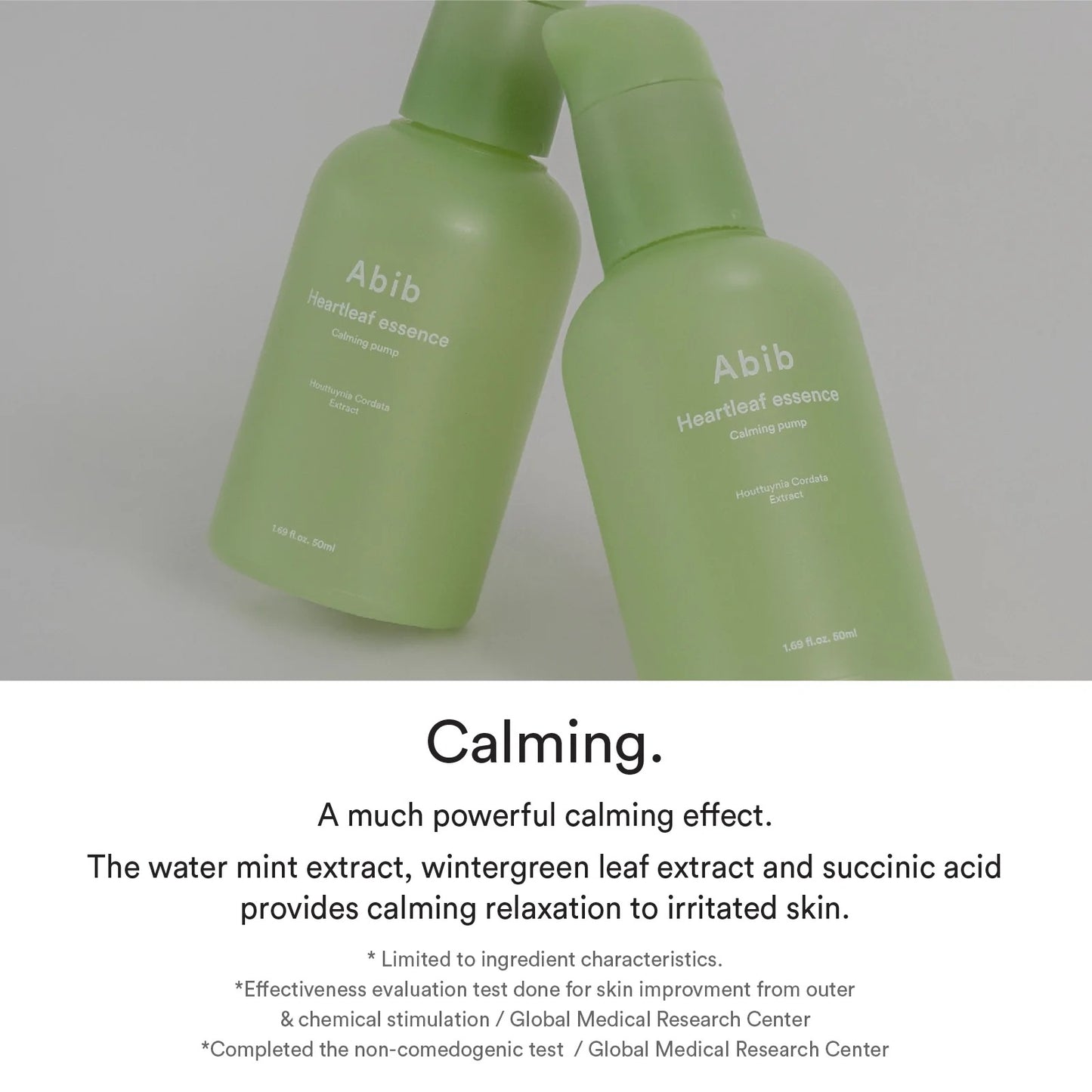 A green bottle on a white background of an Abib Heartleaf essence calming pump, with Houttuynia cordata extract