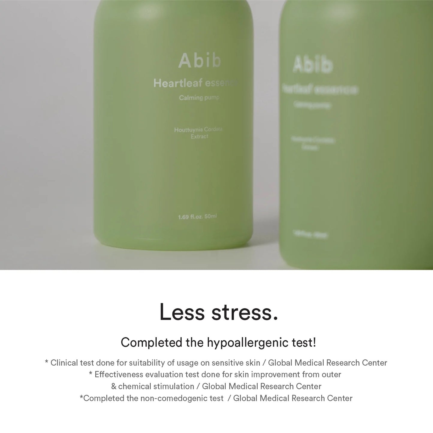 Two green bottles on a white background of an Abib Heartleaf essence calming pump, with Houttuynia cordata extract