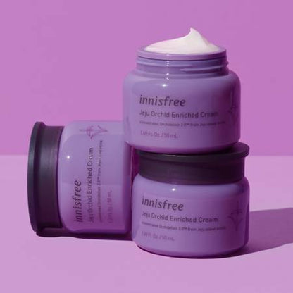 Innisfree Jeju Orchid Enriched Cream, a 50ml jar of anti-aging facial cream with Jeju orchid extract.