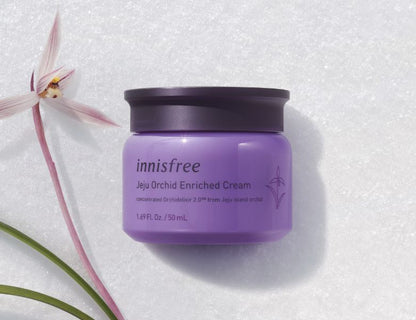 Innisfree Jeju Orchid Enriched Cream, a 50ml jar of anti-aging facial cream with Jeju orchid extract.