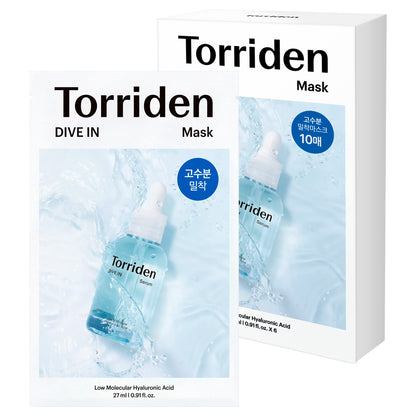 10-pack of Torriden DIVE IN Low Molecular Hyaluronic Acid Mask Sheets for intensive hydration.