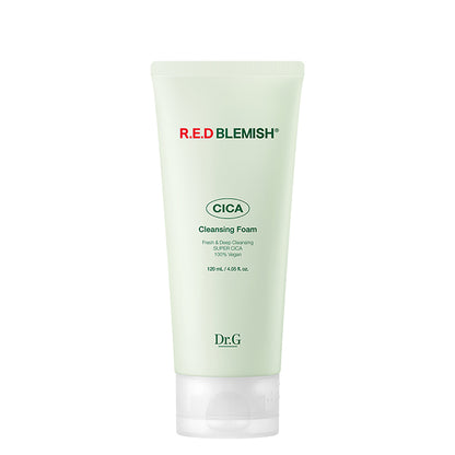 Dr.G Red Blemish Cica Cleansing Foam, 120ml tube. This Korean skincare cleanser is formulated with cica (centella asiatica) to soothe blemishes and redness.