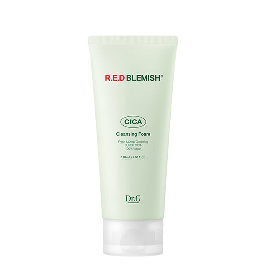 Dr.G Red Blemish Cica Cleansing Foam, 120ml tube. This Korean skincare cleanser is formulated with cica (centella asiatica) to soothe blemishes and redness.