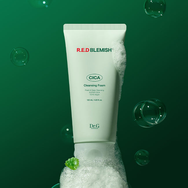 Dr.G Red Blemish Cica Cleansing Foam, 120ml tube. This Korean skincare cleanser is formulated with cica (centella asiatica) to soothe blemishes and redness.