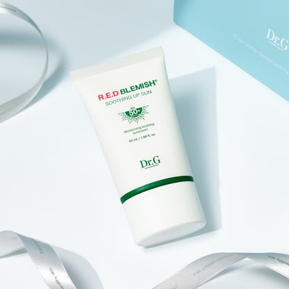 Dr.G Red Blemish Soothing Up Sun, a 50ml bottle of Korean sunscreen with SPF 50+ PA++++ for sensitive skin.