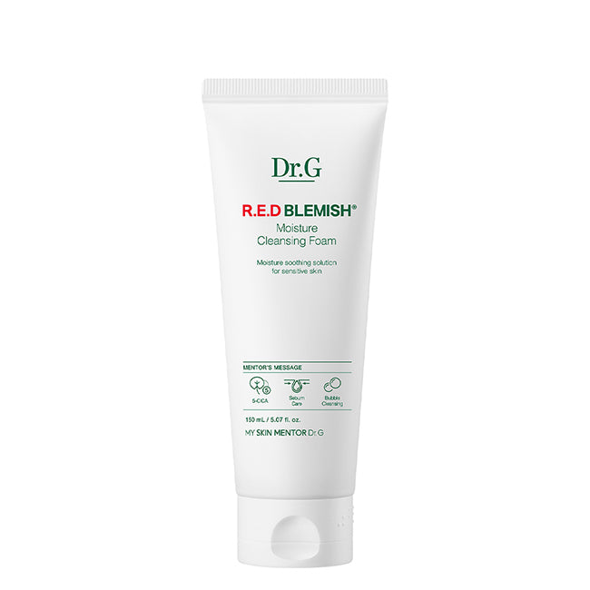 Dr.G Red Blemish Moisture Cleansing Foam, 150ml tube. Foaming cleanser for acne-prone skin with Cica and Hyaluronic Acid for moisture.