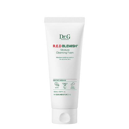 Dr.G Red Blemish Moisture Cleansing Foam, 150ml tube. Foaming cleanser for acne-prone skin with Cica and Hyaluronic Acid for moisture.