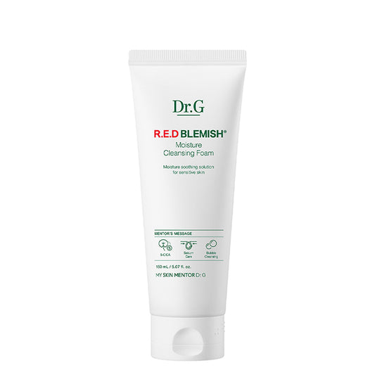 Dr.G Red Blemish Moisture Cleansing Foam, 150ml tube. Foaming cleanser for acne-prone skin with Cica and Hyaluronic Acid for moisture.