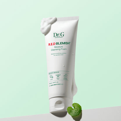 Dr.G Red Blemish Moisture Cleansing Foam, 150ml tube. Foaming cleanser for acne-prone skin with Cica and Hyaluronic Acid for moisture.