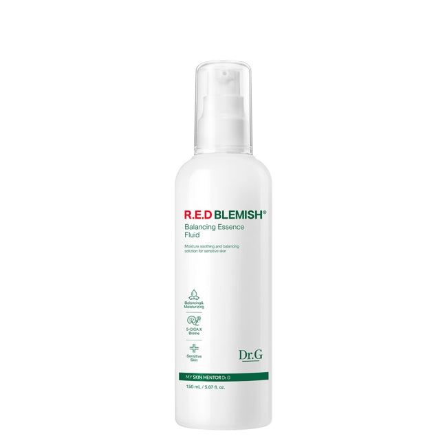 Dr.G Red Blemish Balancing Essence Fluid, a 150ml bottle of Korean skincare designed to balance oil and moisture for blemish-prone skin.