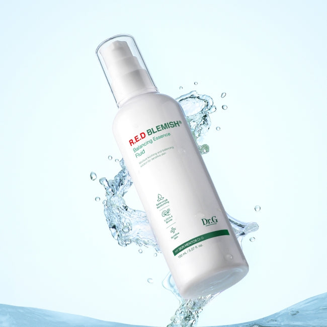 Dr.G Red Blemish Balancing Essence Fluid, a 150ml bottle of Korean skincare designed to balance oil and moisture for blemish-prone skin.