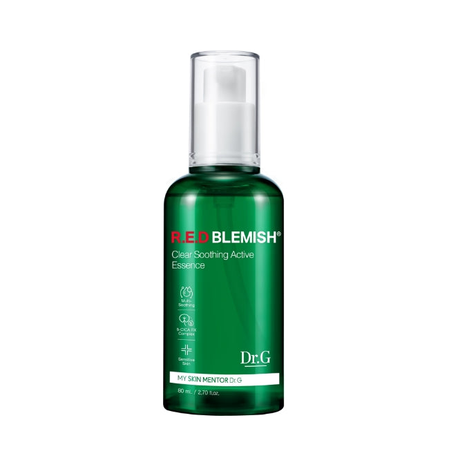 Dr.G Red Blemish Clear Soothing Active Essence, an 80ml bottle of calming essence for irritated, acne-prone skin.