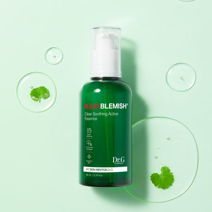 Dr.G Red Blemish Clear Soothing Active Essence, an 80ml bottle of calming essence for irritated, acne-prone skin.